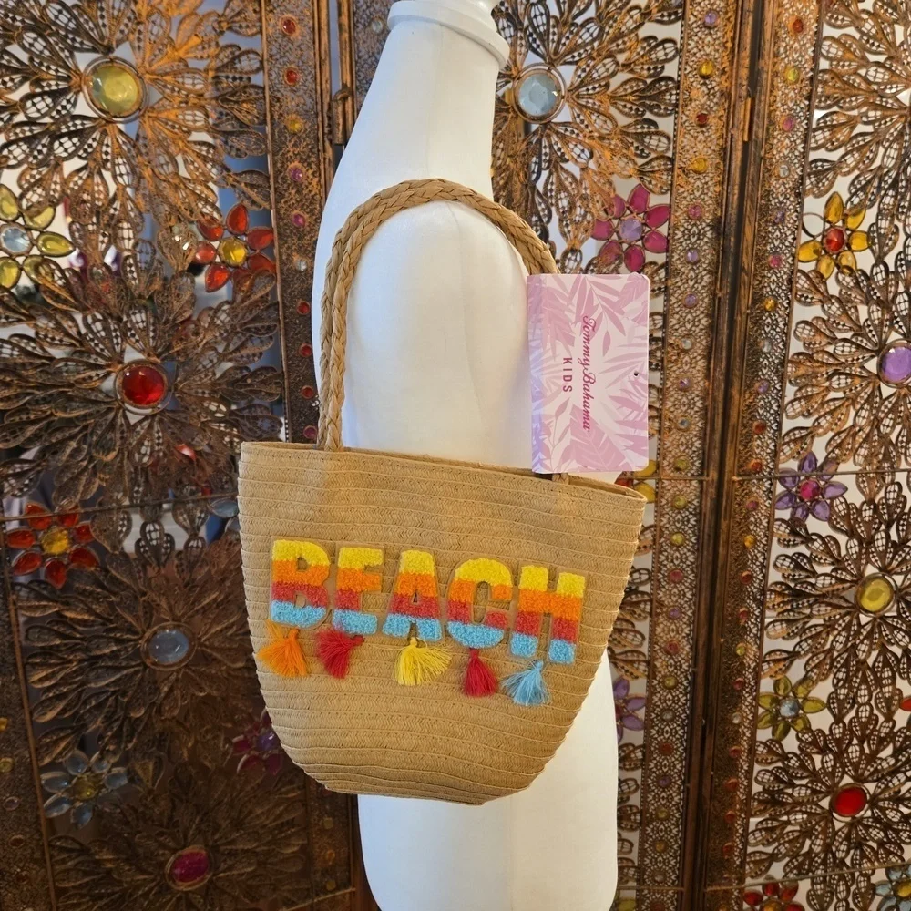NWT Tommy Bahama Kids Beach Woven Tote with Colorful Tassels